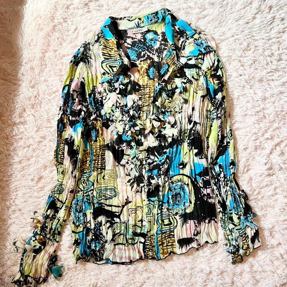 Retro Statement 3D Details Floral Crinkle Hipster Quirky Peasant Edgy‎ Blouse